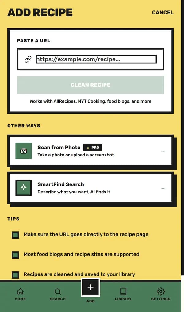 SnipDish Paste or Search screen