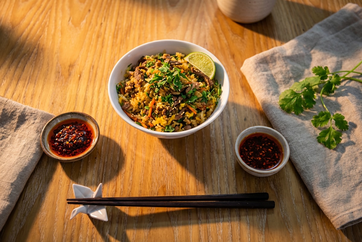 Bowl of rice topped with chili crisp oil and chopsticks