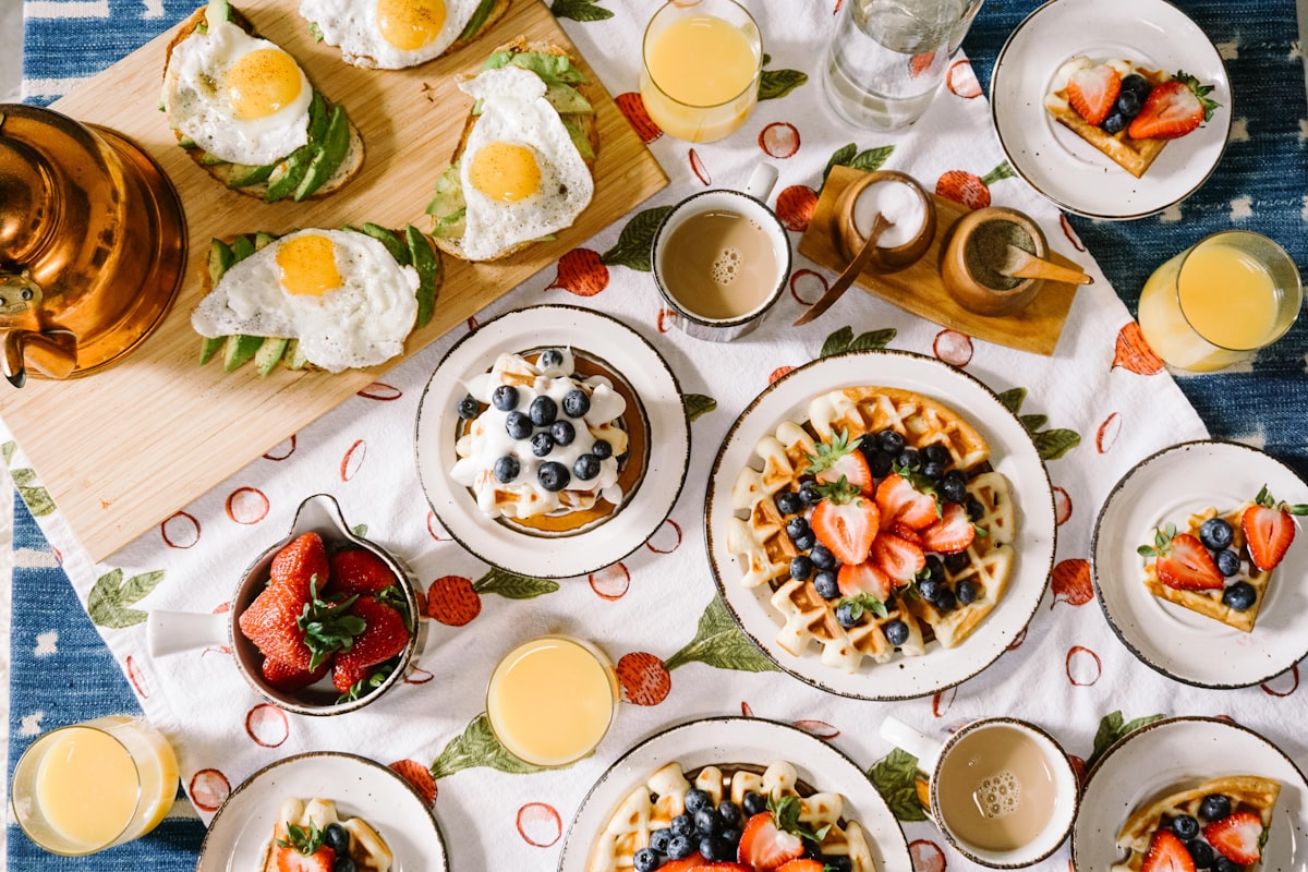 A beautiful spread of brunch dishes on a table
