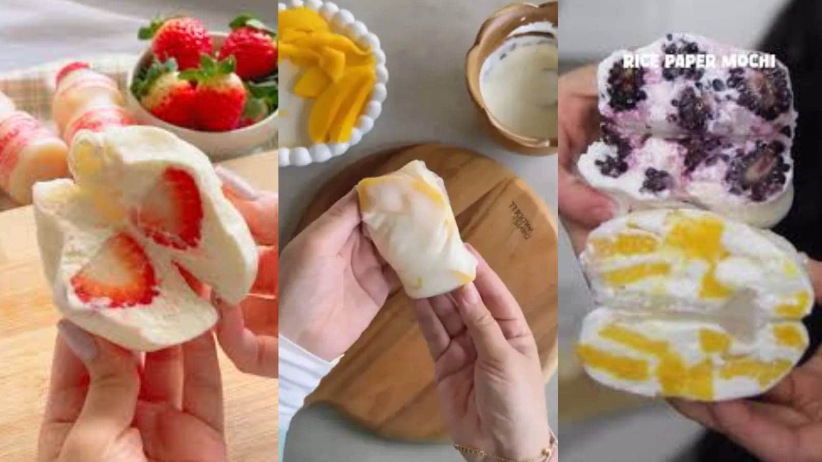 Colorful rice paper mochi bites filled with yogurt and fresh fruit