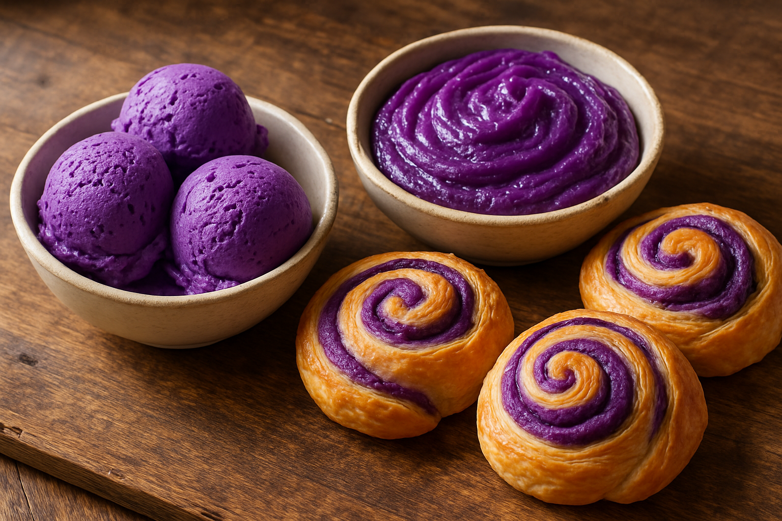 Vibrant purple ube desserts including ice cream, halaya jam, and pastries on a wooden table